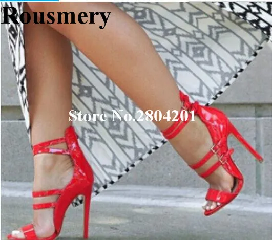 

Rousmery Red Navy Blue Summer Sandals Patent Leather Peep Toe High Heels Double Strap Women Sandals Fashion Casual Party Shoes
