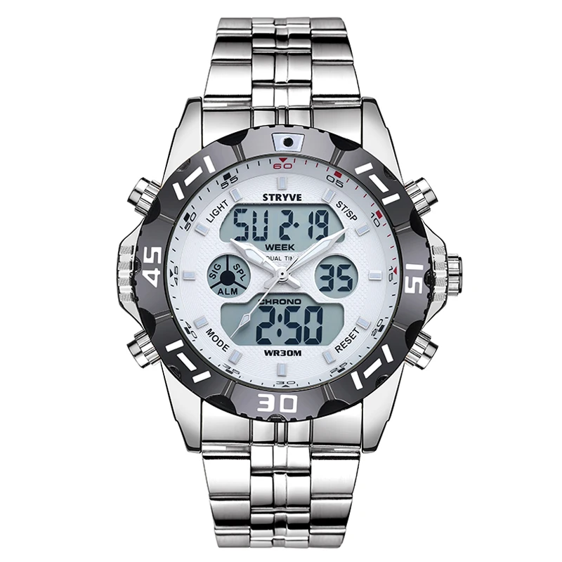 Бренд Stryve, роскошные Брендовые мужские спортивные часы, водонепроницаемый светодиодный, кварцевые, двойной дисплей, военные мужские цифровые часы из нержавеющей стали