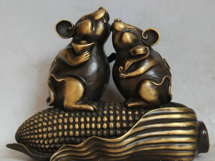 

song voge gem S5959 9" Chinese Copper Zodiac Year 2 Mouse Mice Rat Corn Maize Wealth Ru Yi Statue