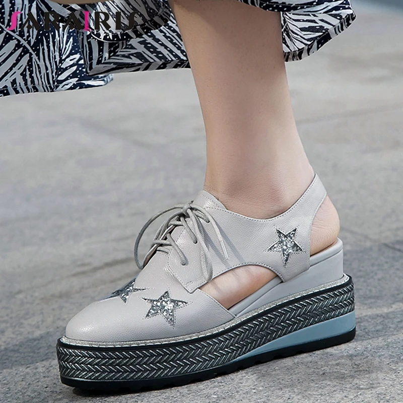 

SARAIRIS 2019 New Quality Summer lace-up Platform Sandals Whole Genuine Leather Large Size 34-42 Women Wedges Shoes Woman