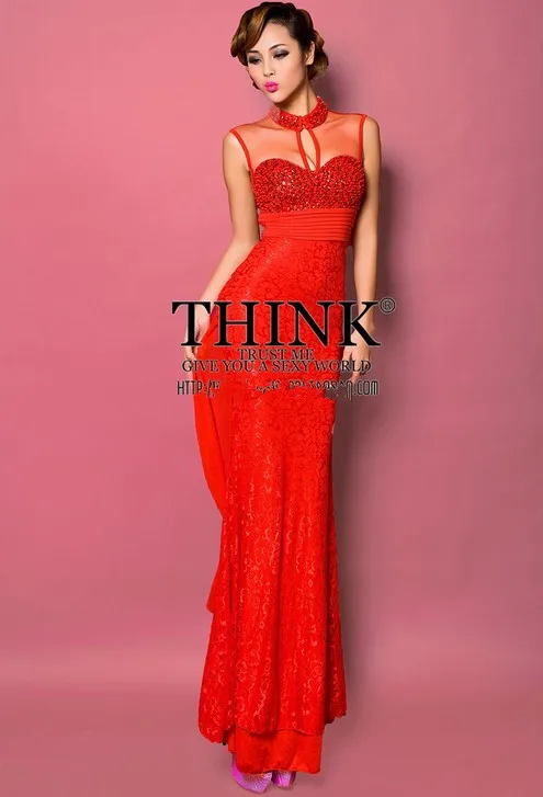 Модное Новое поступление, газовое кружевное платье на бретелях с высоким воротом, украшенное бисером, бальное платье для выпускного вечера, вечерние платья - Цвет: Red