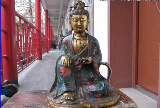 

150401 S0122 Tibet Folk Bronze cloisonne Gild scripture Book Kwan-Yin Buddha Statue