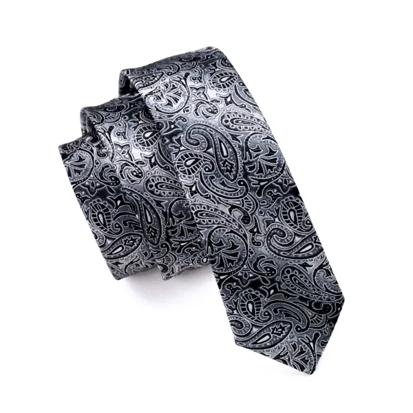 

Men's 100% Silk Skinny Slim Narrow Paisley Black Gray Tie Necktie For Men Formal Wedding Party Groom Free Shipping HH-021