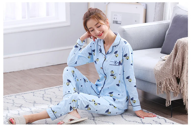 Высококачественный Женский пижамный комплект, хлопковая Домашняя одежда, осенняя Пижама, женская пижама, милая одежда для сна с длинными рукавами для девочек