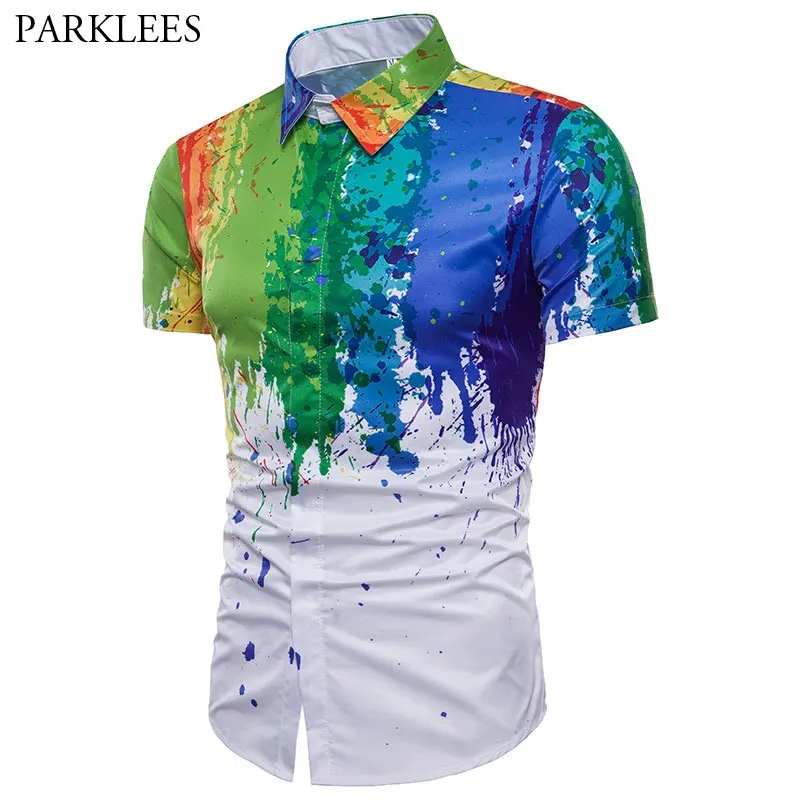 Meilleur Mens Coloré les Éclaboussures de Peinture Motif Imprimer Shirt Marque Conception Slim Fit À Manches Courtes Chemise Homme Mode Splash D encre Chemises Hommes