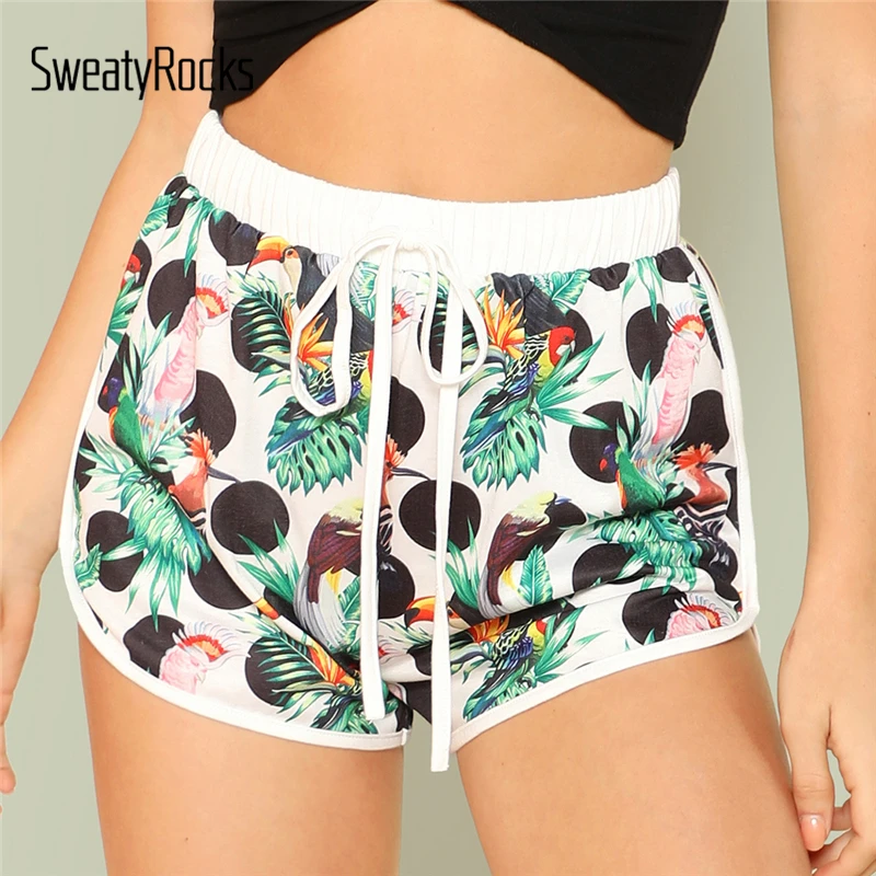 SweatyRocks Tropical Print Dolphin Hem Shorts Summer Drawstring Waist