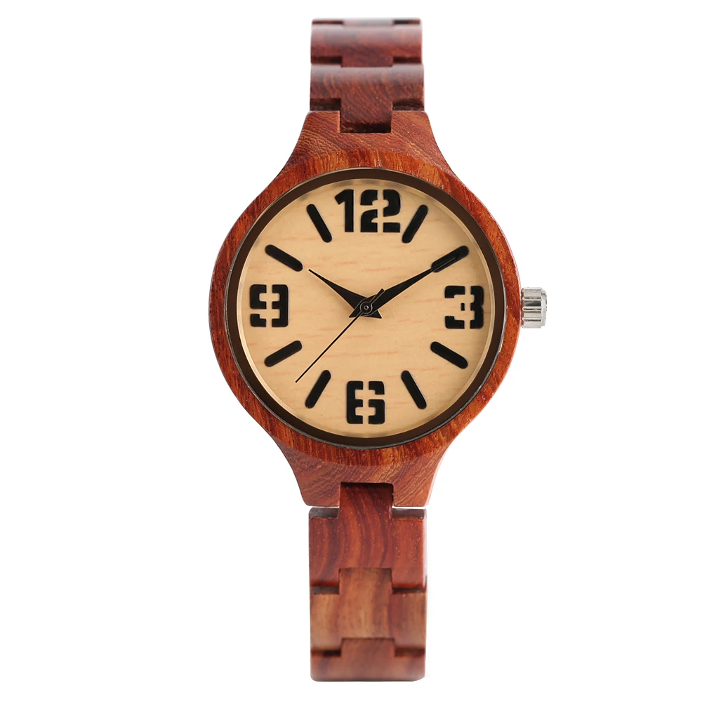 Elegant Women Wooden Watch Sandalwood Case Big Numbers Dial Slim Band Business Female Wristwatch