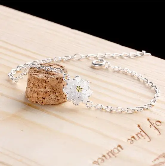 Женский браслет из серебра 925 пробы с цветами лотоса длина 19 см|lotus silver bracelet|hand flower