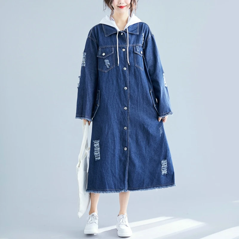 Female Denim Cardigan Hooded Trench Detachable Long Hoodie Denim Trench Coat Women's Windbreaker Large Size Ladies Clothes