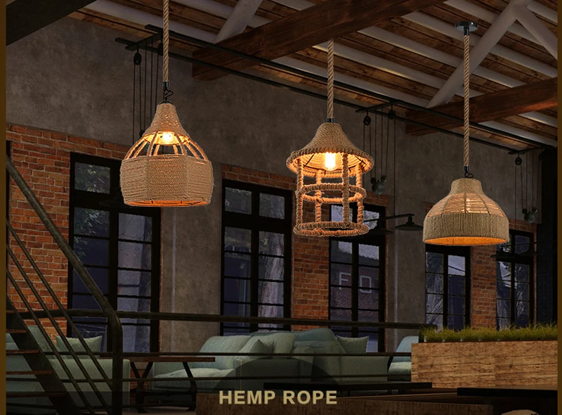 Винтажный подвесной светильник, деревенский Американский Ретро креативный, ручной вязки, пеньковая веревка, железный, для кафе, гостиной, столовой, Droplight