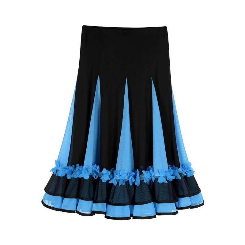 Женская элегантная юбка для латинских танцев с высокой талией 3D Искусственные цветы цвета с сетчатыми вставками Пышная юбка бальное платье, для вальса танцевальная одежда для вечеринки