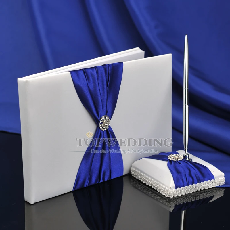 White Royal Blue Wedding Guest Book & Pen Ring Bearer Pillow,Flower Girl Basket 