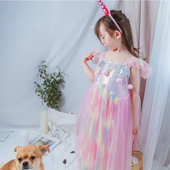 

Retail 5265 Unicorn Rainbow Sequins Princess Baby Girl Dress New Summer Wedding Party Kid Dress For Girl baby girl clothes 4-8Y