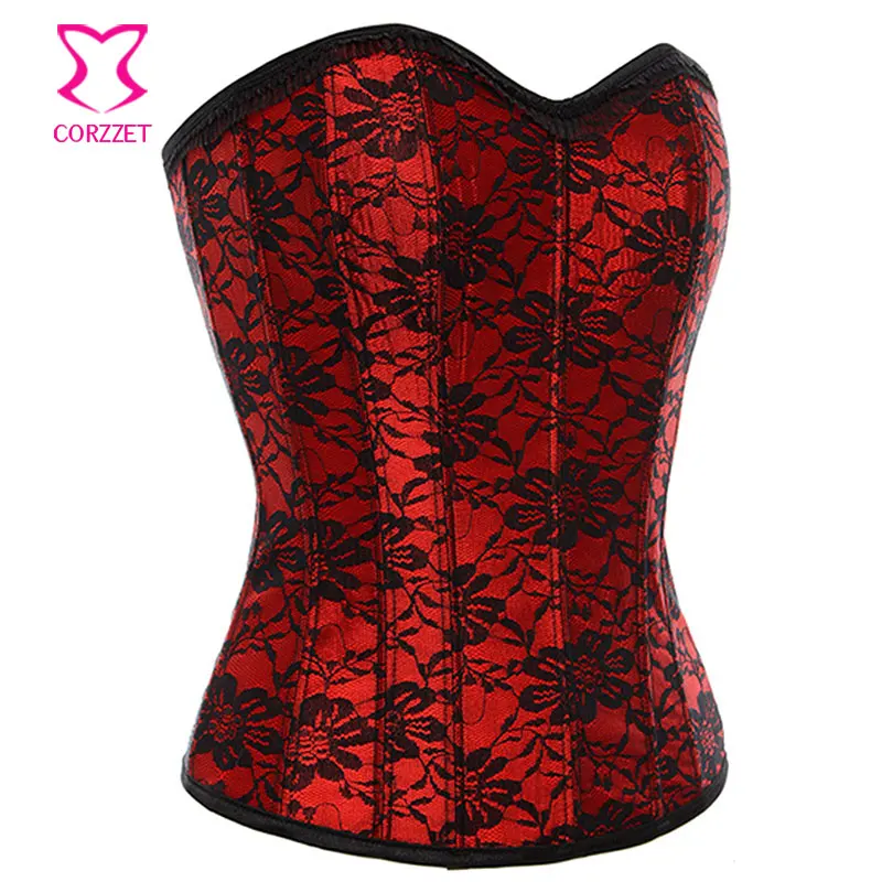 

Victorian Showgirl Red Satin & Black Floral Lace Bustier Steel Boned Corset Gothic Espartilhos Corselet Overbust Sexy Korset XXL