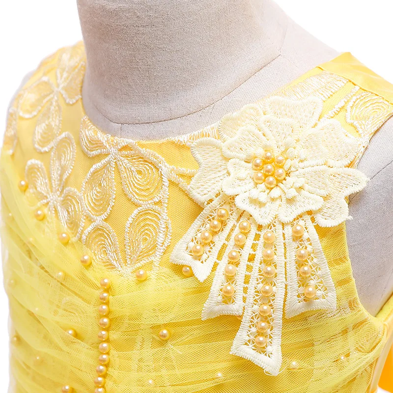 Бальное платье желтого цвета для девочек, торжественные праздничные платья для дня рождения, кружевные платья с цветочным узором для девочек на свадьбу, коллекция года, с жемчугом, для девочек возрастом от 3 до 10 лет