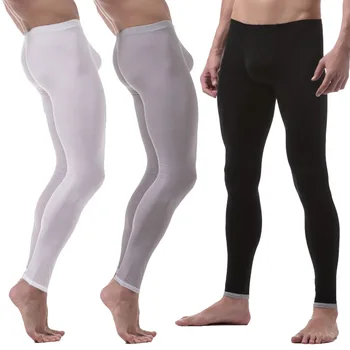 

Brand New Men Long Johns Warm Pants Thin Section Nylon Transparent Sexy Gay Underwear Men Tight Legging Long Johns Size XL