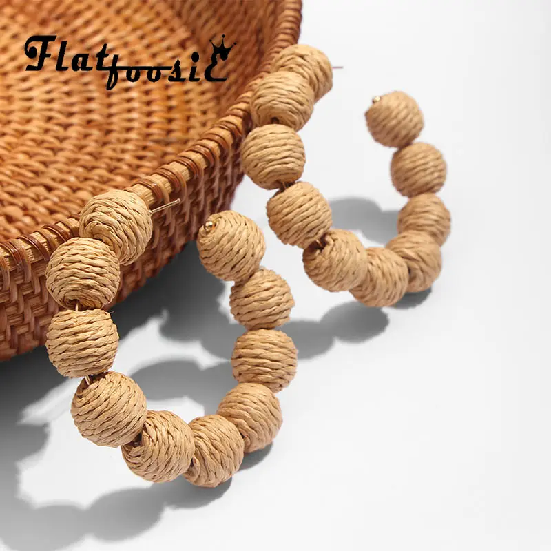 

Flatfoosie New Boho String beads Round Circle Hoop Earrings For Women Korean Vintage Rattan Straw Weave Pendant Earrings Jewelry