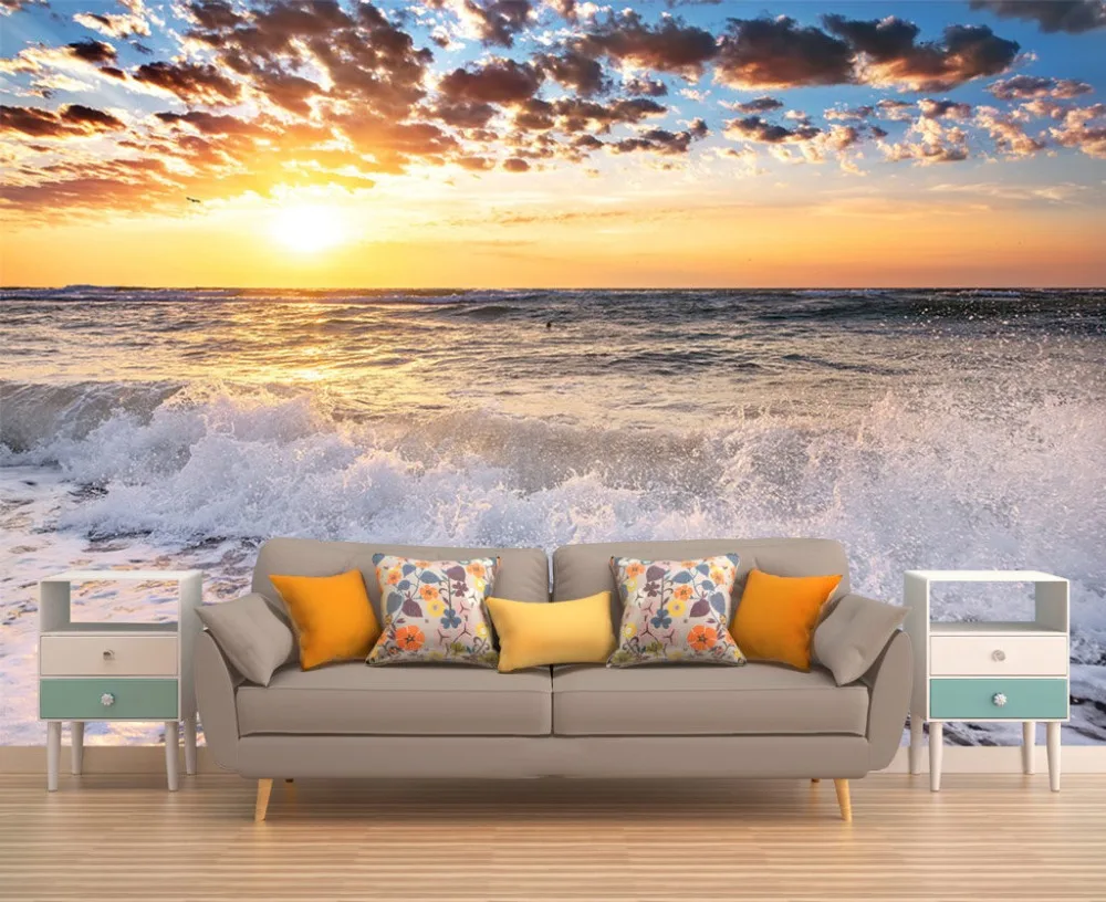 24 Beach Wall Art, Sunset Wall Mural, Beach Sunset Wall Art, Wallpaper Sun, Wall Mural Clouds, Cloudy Sky