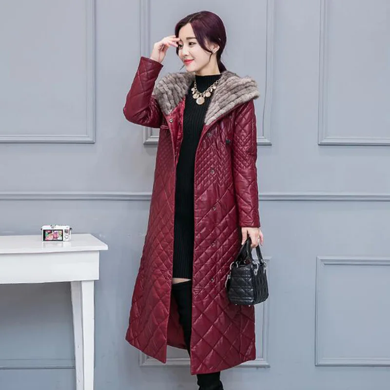 Зимняя куртка длинное пальто имитация соболя меховой воротник одежда из овечьей шкуры пуховик с капюшоном Длинная китайская куртка для женщин LY577 - Цвет: Бургундия
