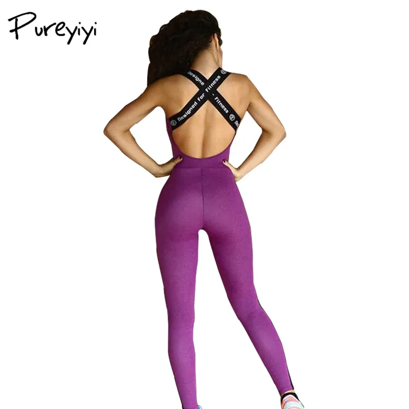 

Pureyiyi Fitness Overalls for women Back Cross Letter Print Bodysuit Backless Jumpsuit Purple/Grey Overalls Jumpsuits Femme
