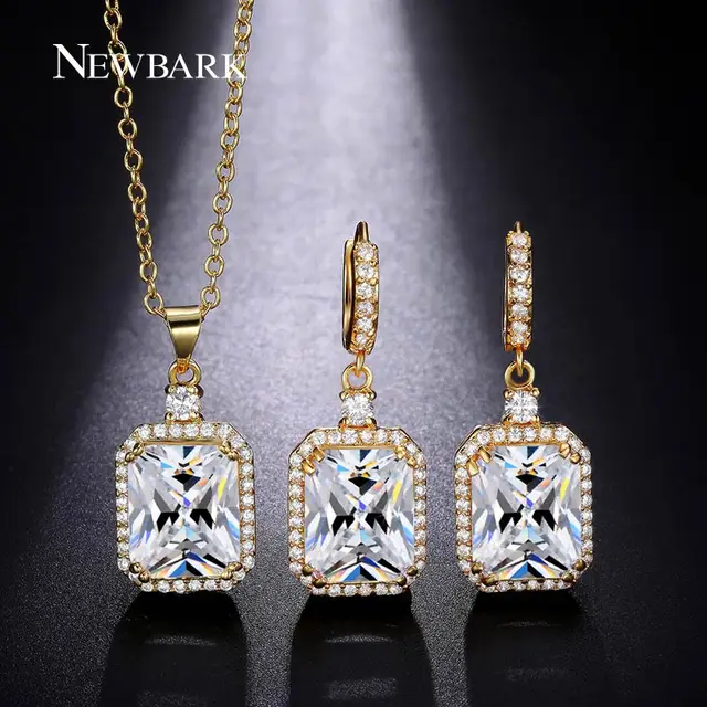 Newbark Square White Cubic Zircon Necklace Earring Sets Gold Color Newbark Square White Cubic Zircon Necklace Earring Sets Gold Color Pendant Earrings Set Jewelry