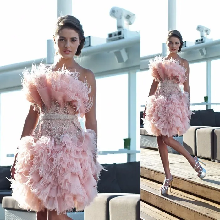 2016-New-Arrival-strapless-Short-prom-dresses-with-feathers-beaded-crystal-mini-party-dresses-vestido-de