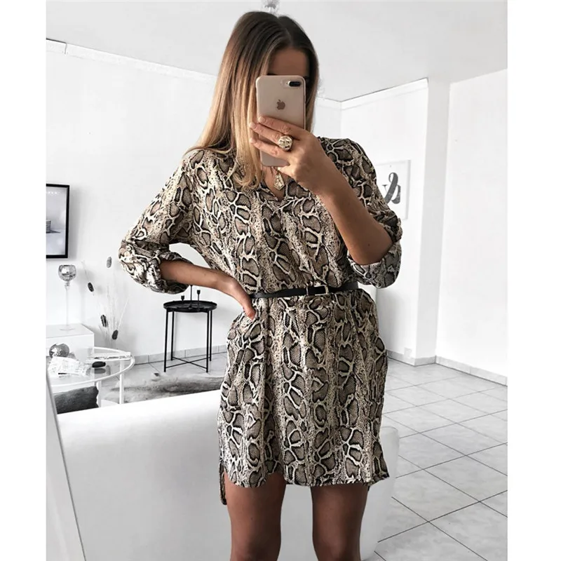 

2019 Summer New Fashion Women's Party Club Costume Leopard Snake Print Loose Dress Long Sleeve Vintage Clubwear Mini Dress