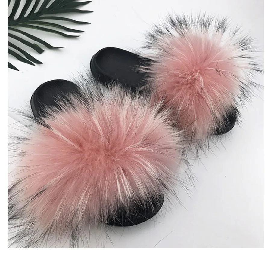 ZDFURS* New Arrivals Real Raccoon Fur Slippers Women Fluffy Fur Slides Spring Autumn Winter Indoor Outdoor Shoes