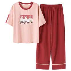 Летние пижамы для Для женщин 100% Хлопковые пижамы короткий топ + длинные штаны пижамы с круглым вырезом большой Размеры M-XXL Женское ночное
