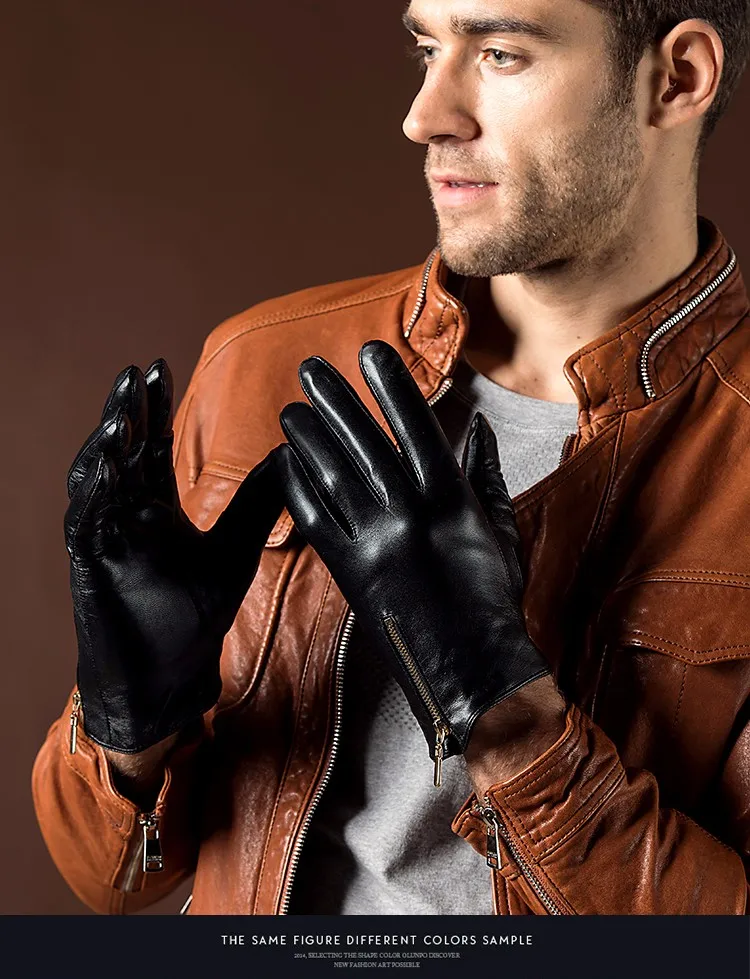 Высокое качество Мужская Мода Повседневное зима теплая натуральная кожа перчатки Сенсорный экран варежки черный плюс бархатные теплые перчатки для вождения