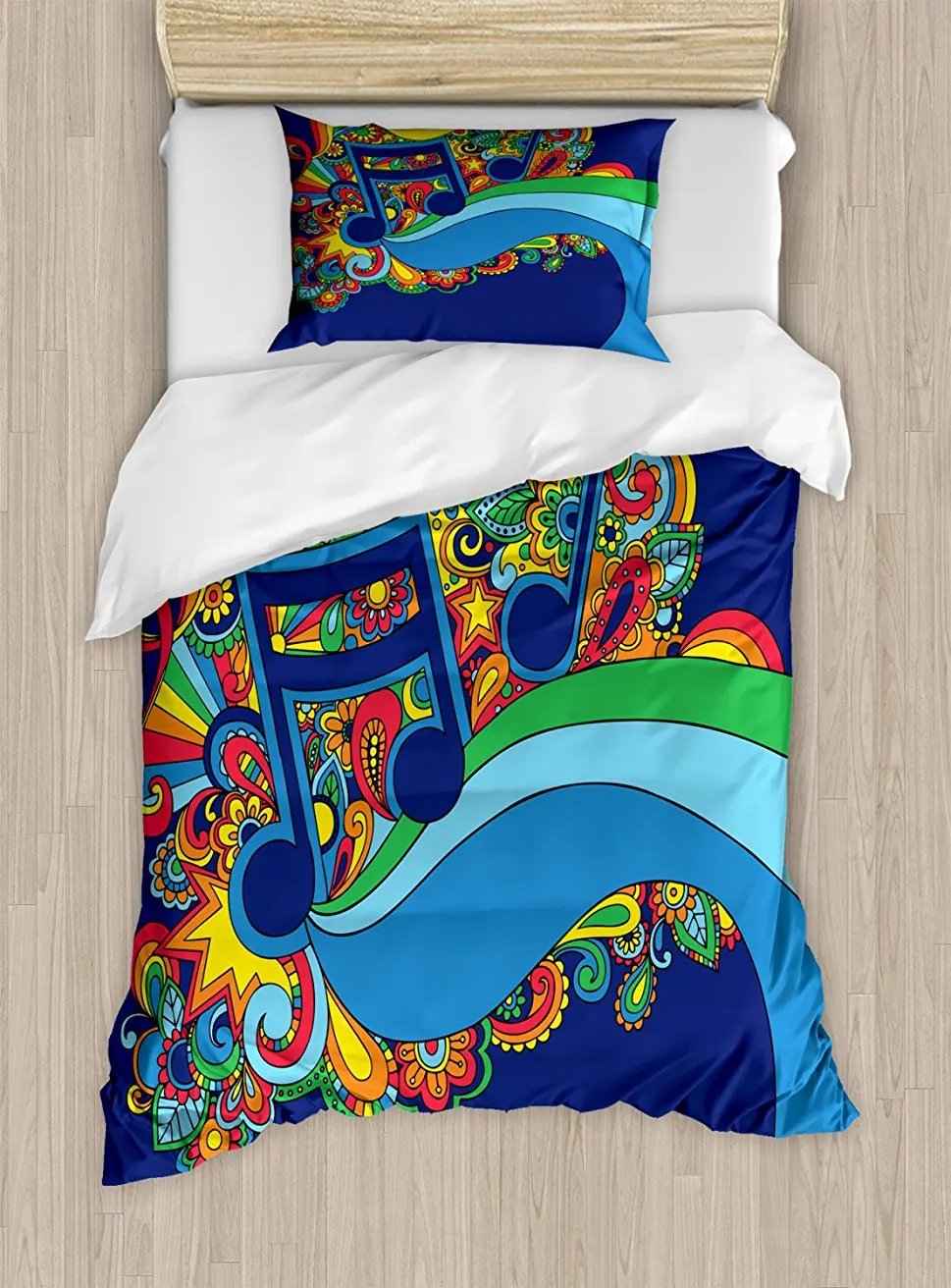 

Music Duvet Cover Set, Colorful Sixties Inspired Floral Composition with Notes on a Blue Toned Background, 4 Piece Bedding Set