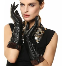 2019 New Women's Genuine Leather Gloves Female 100% Lambskin Leather Gloves Plush Lined Button Decoration Long Style L147NC1