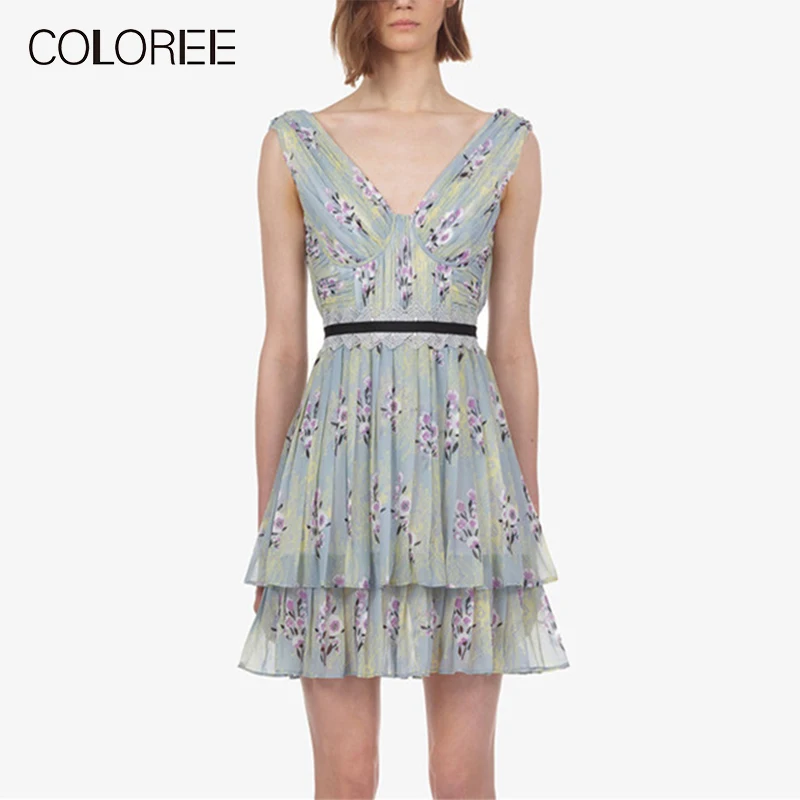 

COLOREE Self Portrait Designer Vacation Casual Mini Dress 2019 Summer V-Neck Sleeveless Printed Pleated Sexy Backless Dress