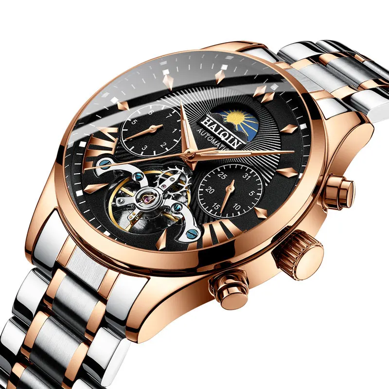 HAIQIN простые мужские часы автоматические механические Роскошные брендовые деловые часы черные кожаные спортивные водонепроницаемые мужские наручные часы Relogio - Цвет: Gold-black
