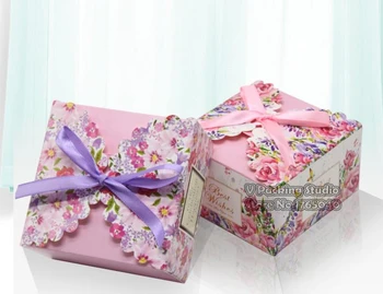 

10.5x10.5x6.8cm Small flower Candy Gift cube box with ribbon, Wedding Favor Gift Boxes pie Party Box bags 200pcs/lot