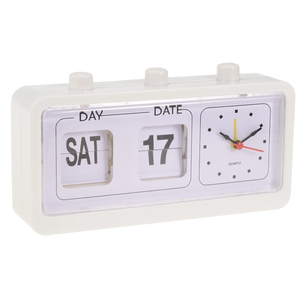 Table Clock Flip Date/ Day Display Timepiece Flip Page Turning Clocks-White