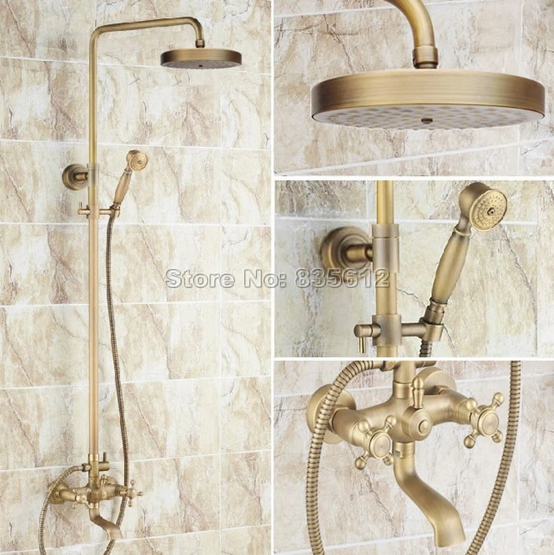 

Bathroom Wall Mounted Antique Brass Rain Shower Faucet Set with Round Shower Head & Dual Cross Handles Bathtub Mixer Taps Wrs127