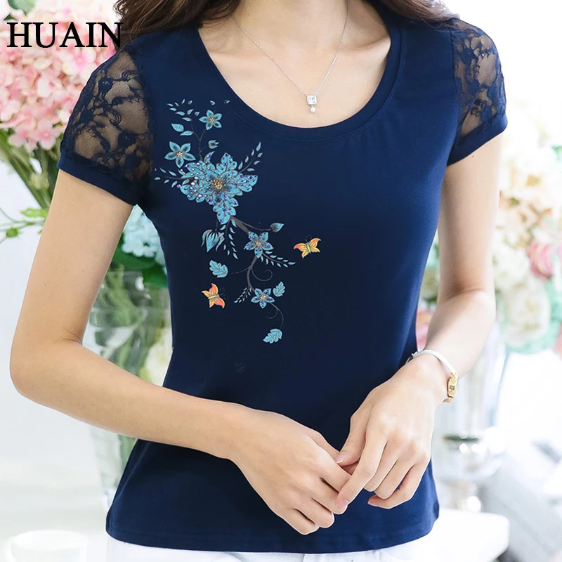 

Lace Print T Shirt Women Summer 2019 New O-Neck Short Sleeve Fitness Tshirt Diamonds Casual Tops Tee Cotton Female Clothing