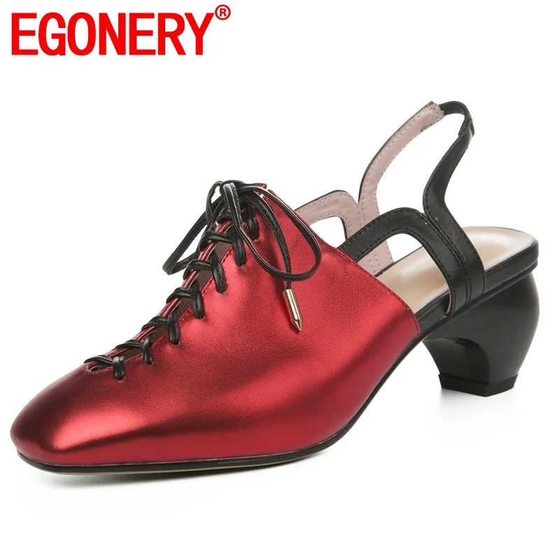 

EGONERY office work genuine pigskin leather woman Slingbacks pumps Sheepskin insole lace-up square toe 5.5cm med heels shoes