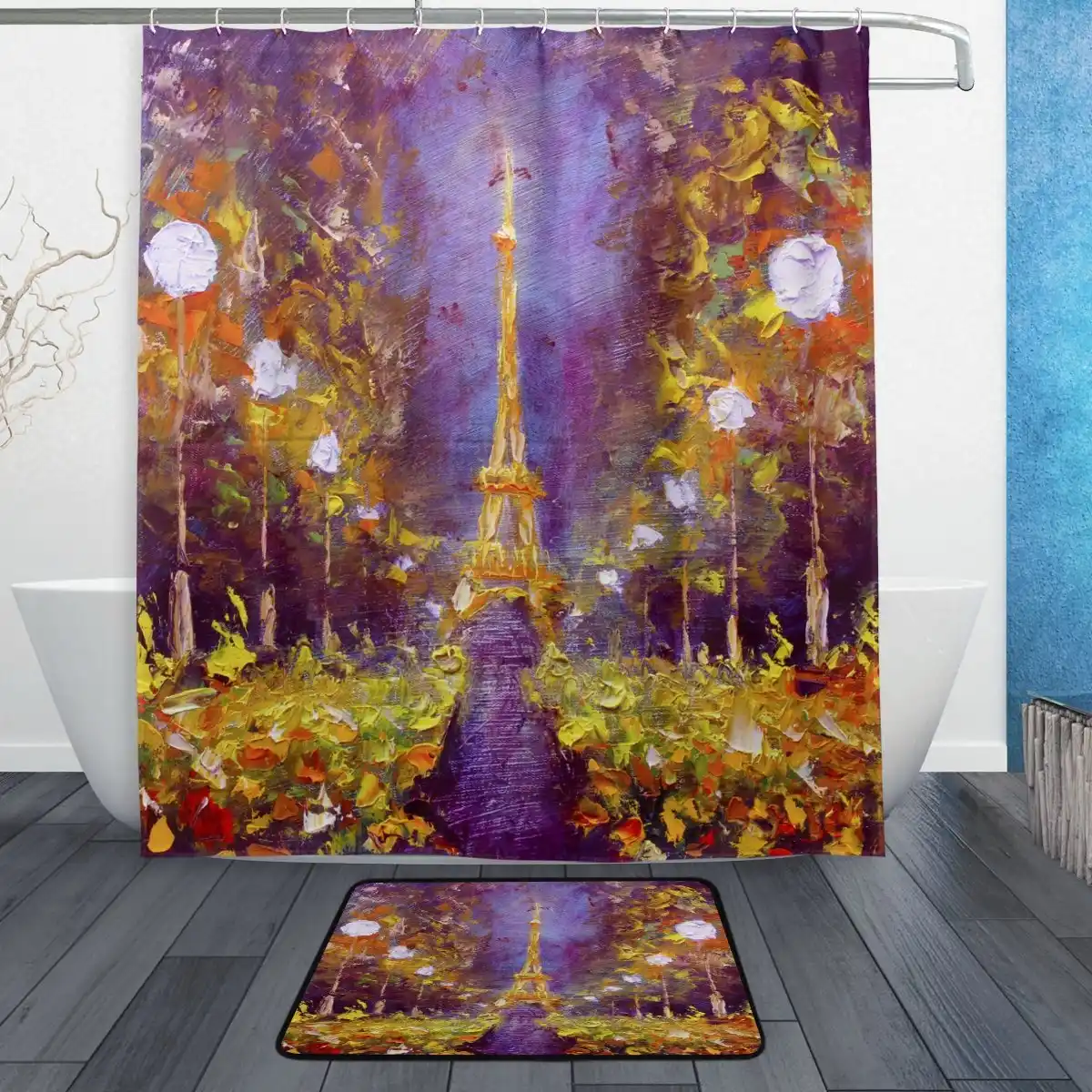 ロマンチックなフランスパリ夜景シャワーカーテンとマットセット 油絵エッフェル塔防水生地浴室カーテン Fabric Bathroom Curtains Shower Curtainbathroom Curtain Aliexpress