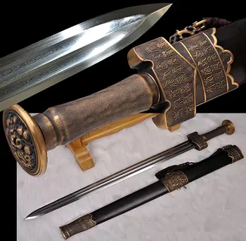 

Top Quallty Copper Handle Chinese Hand-Made LongQuan Sword Han Tang Dao Jian Sharp Damascus-Double Engroove Blade