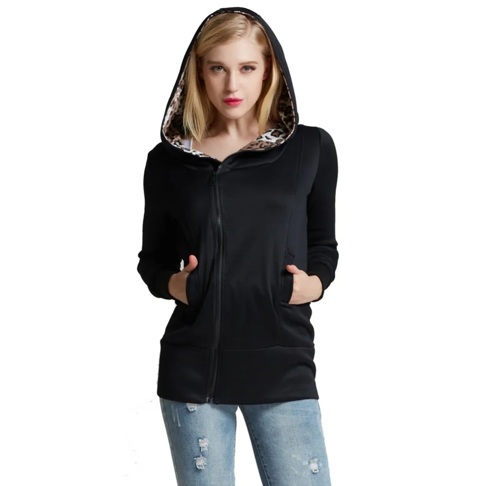 Women Autumn Winter Warm Hoodies Sweatshirt Leopard Printed Slim Fit