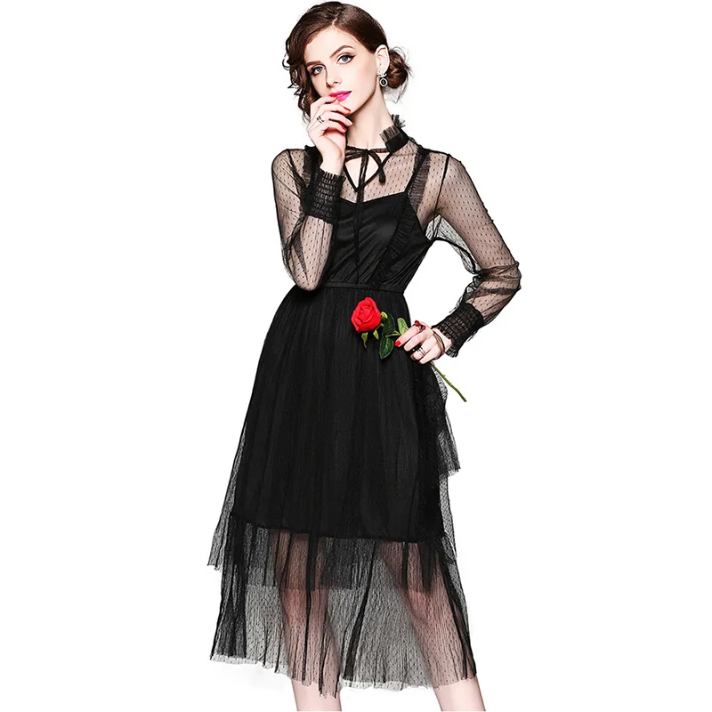 Womens long sleeve long black dress w v neck mesh