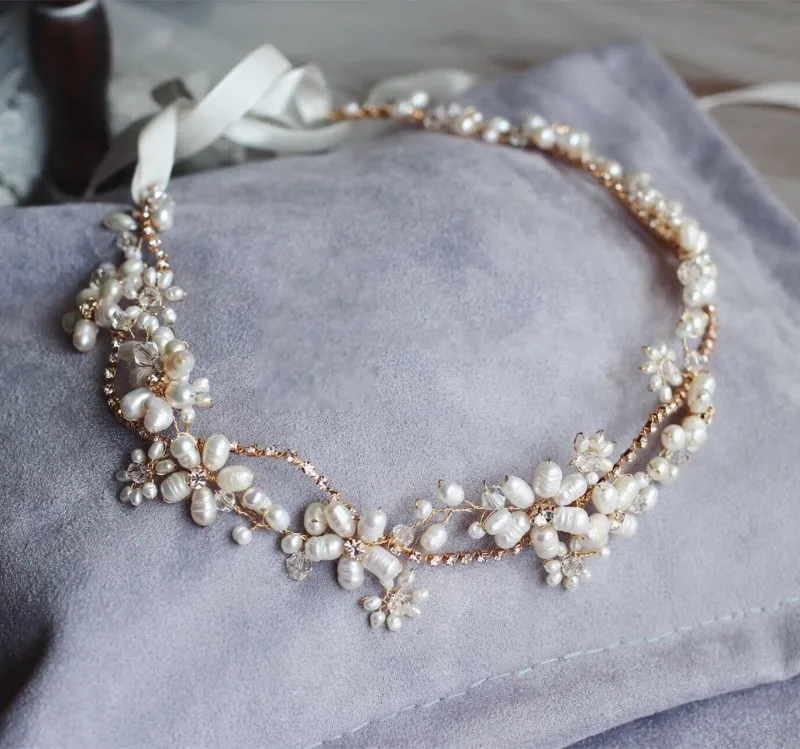 Stunning Freshwater Pearls Headband Bridal Hair Vine Jewelry Gold Wedding Headwear Hair Accessories Rhinestone Women Headwear Stunning Freshwater Pearls Headband Bridal Hair Vine Jewelry Gold Wedding Headwear Hair Accessories Rhinestone Women Headwear