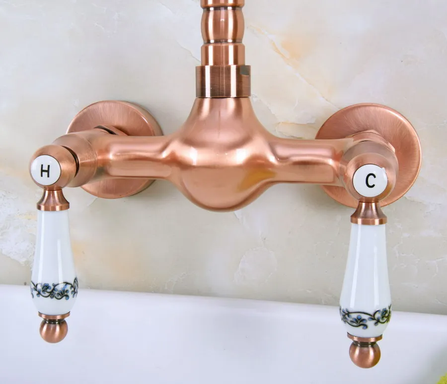 Antique Red Copper Brass Wall Mounted Bathroom Kitchen Sink Faucet Swivel Spout Mixer Tap Dual Ceramics Handles Levers anf951
