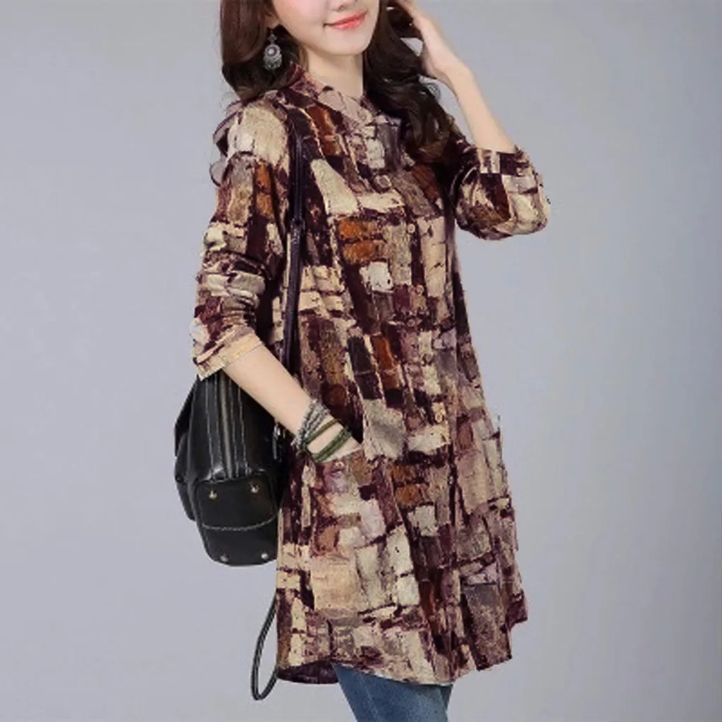 Fashion Top 2019 Women Mid-length Cotton Linen Long-sleeved Shirt Printed Collar Top T-Shirt