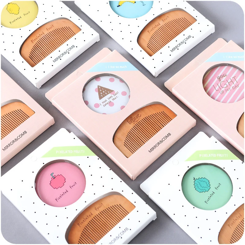 CN RUBR Pocket Makeup Mirror Convenience Wooden for Comb Mirror Set