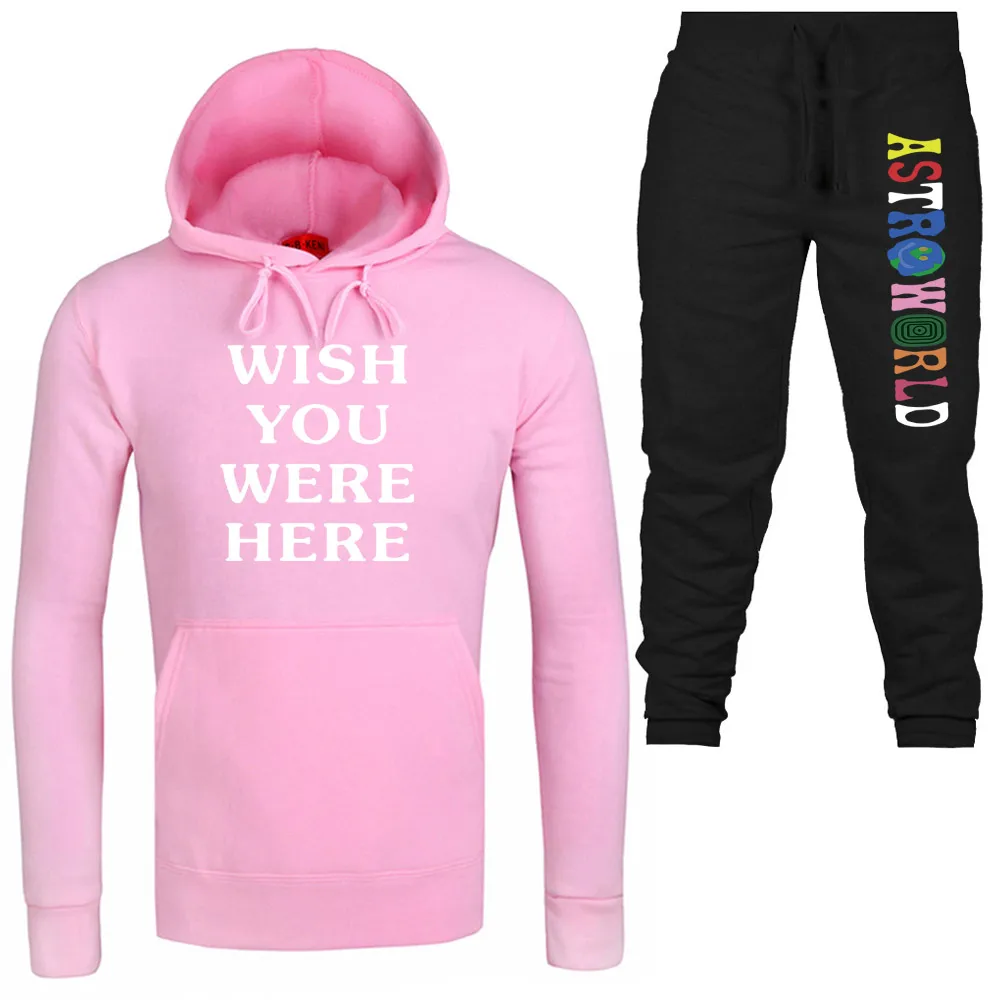 New WISH YOU WERE HERE Print Hoodies Tracksuit Men Sportswear Two Piece Sets Cotton Fleece Thick hoodie+Pant Sporting Suit