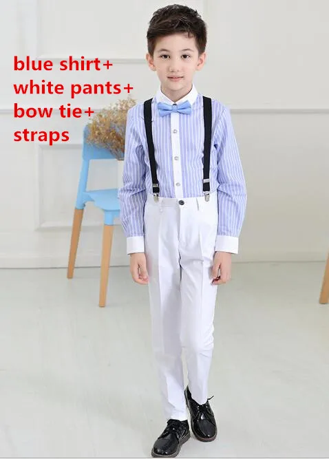 Комплекты весенней одежды для маленьких мальчиков Деловые костюмы в синюю полоску для маленьких джентльменов Комплекты одежды для мальчиков Наборы свадебной одежды(брюки+рубашка+подтяжки+галстук - Цвет: as picture