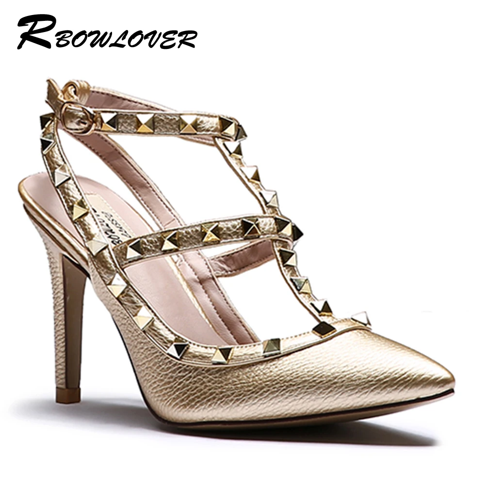 RBOWLOVER 2016 Women Pumps Thin High Heels Point Toe Rivets Muti color Sandals Size 33-43